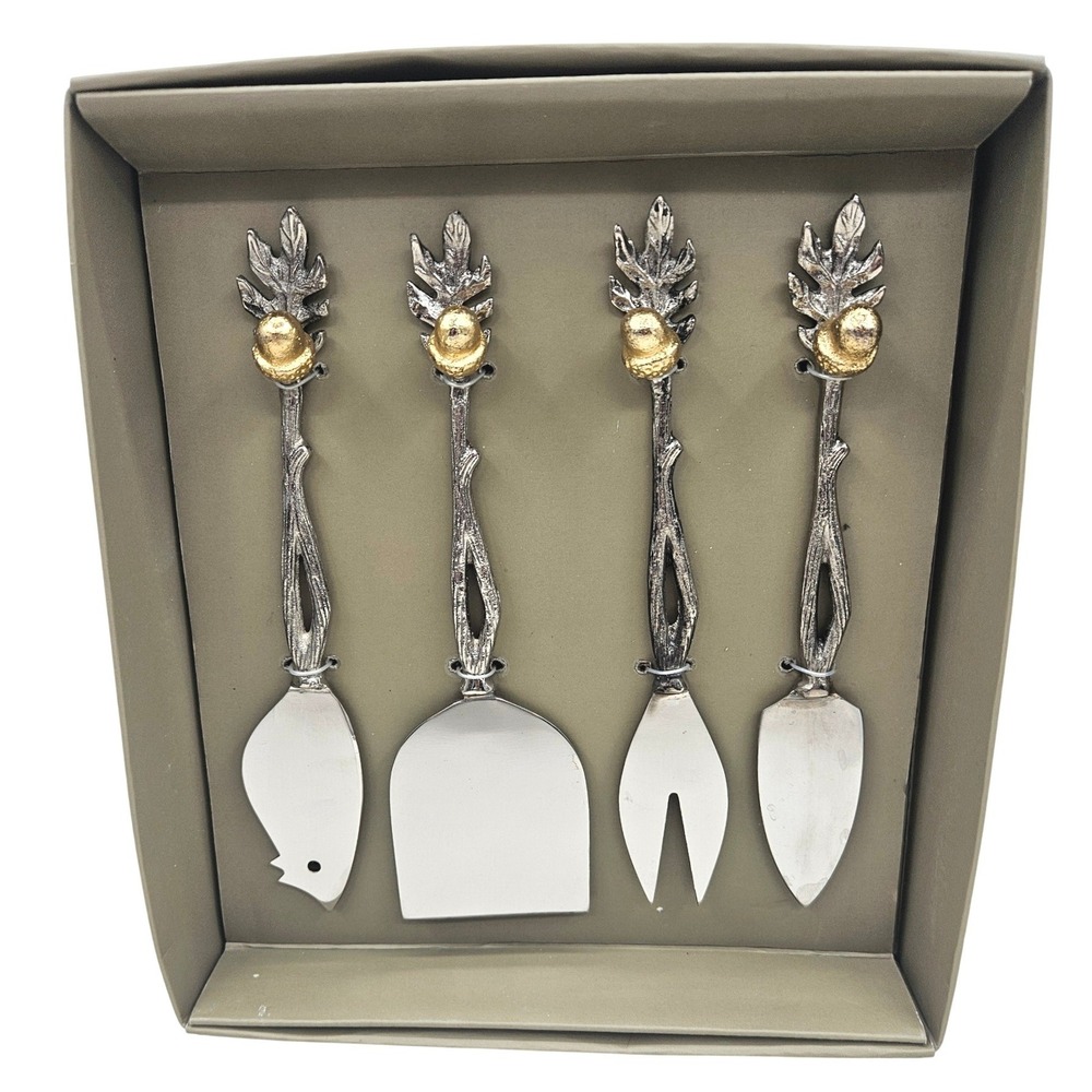 4pc Acorn Oak Leaf Cheese Knife Set Silver Gold Twig Handle Nature Theme NEW